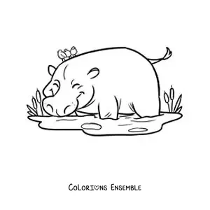 Image à colorier d’un hippopotame de zoo rigolo buvant dans un étang