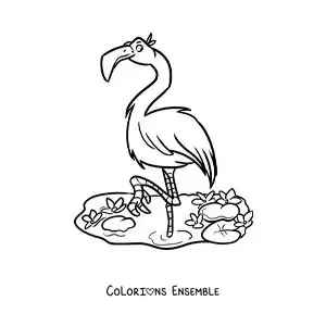 Image à colorier d’un flamant rose de zoo rigolo dans un étang