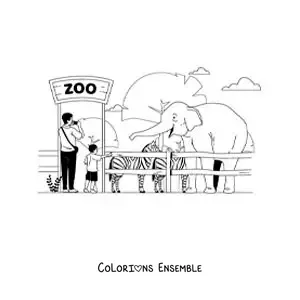 Image à colorier d’un garçon et de son père visitant le zoo