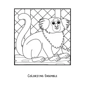 Image à colorier d’un ouistiti de zoo rigolo dans une cage
