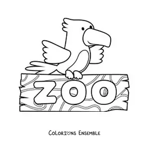 Image à colorier d’un dessin d’un oiseau perché sur un panneau de zoo