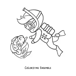 Image à colorier d’un garçon plongeant à côté d’un poisson rigolo
