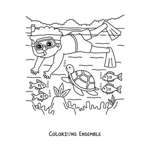 Image à colorier d’un garçon plongeant au fond de la mer avec des poissons et une tortue