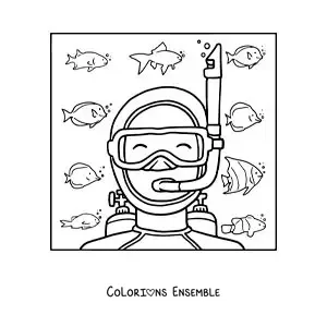 Image à colorier d’un plongeur au fond de la mer entouré de poissons