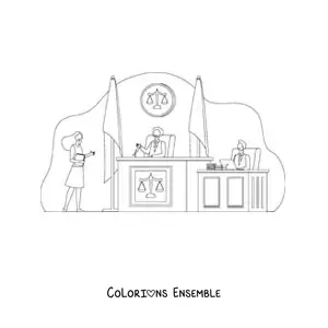 Image à colorier d'un avocat devant un juge lors d'un procès