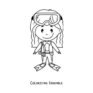 Image à colorier d’une fille avec un équipement de plongée