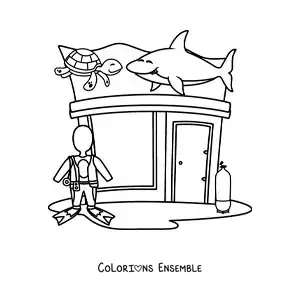 Image à colorier d’un magasin d’équipement de plongée