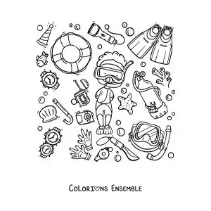 Image à colorier d’un plongeur avec son équipement de plongée