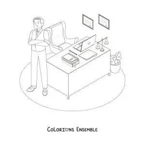 Image à colorier d'un avocat dans son cabinet