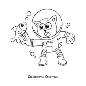Image à colorier d’un chat rigolo plongeant et attrapant un poisson