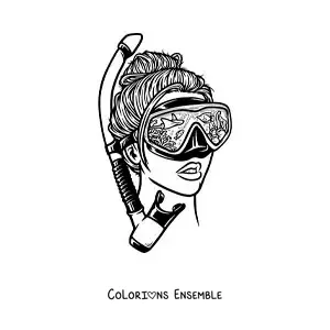 Coloriage d'une fille dans un style réaliste, avec un masque et un tuba