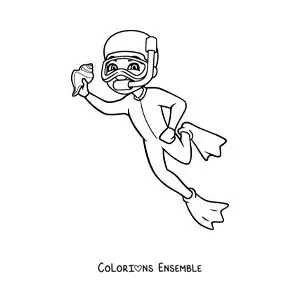 Image à colorier d’un garçon plongeant et trouvant un coquillage