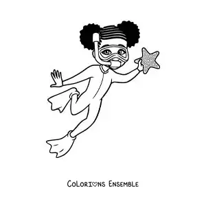 Image à colorier d’une fille plongeant et trouvant une étoile de mer