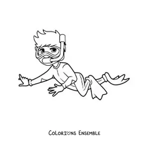 Coloriage d'un petit garçon qui plonge avec des palmes et un tuba