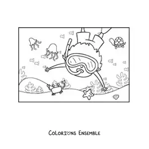 Image à colorier d’un garçon plongeant au fond de l’océan avec des crabes et des méduses