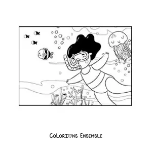 Image à colorier d’une fille plongeant au fond de l’océan avec des poissons et des méduses