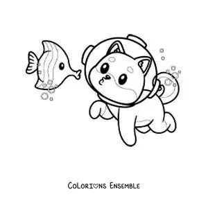 Image à colorier d’un chien rigolo avec un casque plongeant avec un poisson