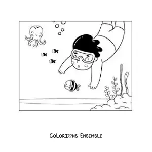 Image à colorier d’un garçon plongeant au fond de la mer avec des poissons et des pieuvres
