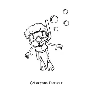 Coloriage d'un garçon qui plonge avec un tuba et des palmes