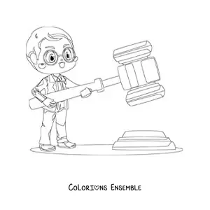 Image à colorier d'un avocat kawaii tenant un maillet géant