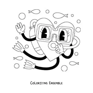 Image à colorier d’un dessin d’un cœur rigolo en train de plonger