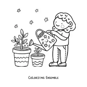 Image à colorier d’une jolie fille arrosant ses plantes