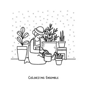 Image à colorier d’une fille arrosant ses plantes à la maison