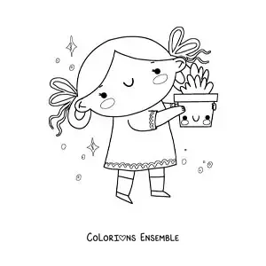 Image à colorier d’une fille avec une plante rigolote