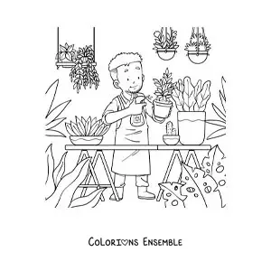 Image à colorier d’un homme arrosant ses plantes dans sa serre