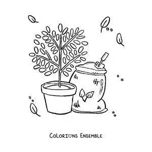 Image à colorier d’une plante en pot à côté d’un sac de terre