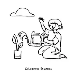 Image à colorier d’un garçon arrosant une plante dans un pot