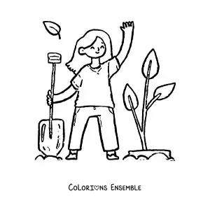 Image à colorier d’une fille repiquant une plante dans la terre