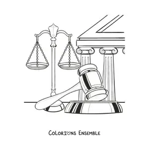 Image à colorier d'une balance et d'un maillet, symboles de la justice