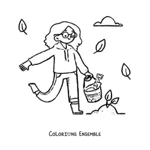 Image à colorier d’une fille prenant soin d’une pousse