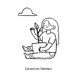 Image à colorier d’une fille serrant dans ses bras une plante en pot