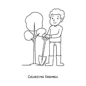 Image à colorier d’un garçon plantant une plante dans la terre