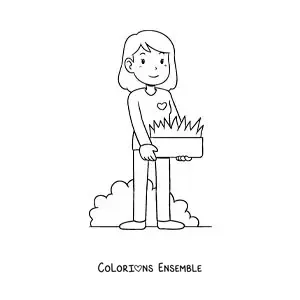 Image à colorier d’une fille s’occupant de son jardin