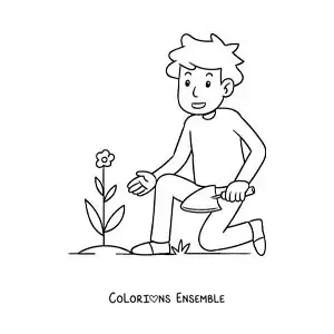 Image à colorier d’un jeune homme plantant une fleur