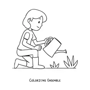 Image à colorier d’une jeune femme arrosant les plantes de son jardin