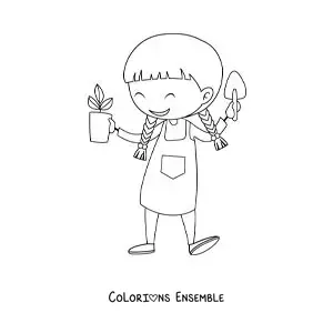 Image à colorier d’une fille avec un pot de fleurs et une pelle de jardinage