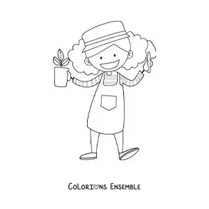 Image à colorier d’une fille jardinière avec un pot de fleurs et une pelle