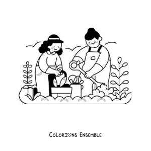 Image à colorier de deux filles entretenant un jardin