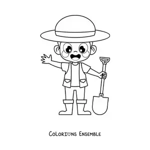 Image à colorier d’un garçon jardinier heureux avec un chapeau