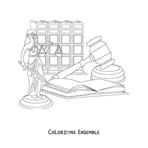 Image à colorier d'une figure de la Justice tenant une balance à côté d'un maillet