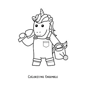 Image à colorier d’une licorne jardinière kawaii