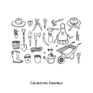 Image à colorier d’outils et d’équipement de jardinage