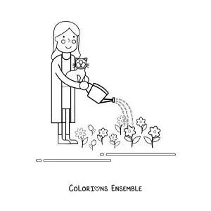 Image à colorier d’une femme avec son chat arrosant des fleurs