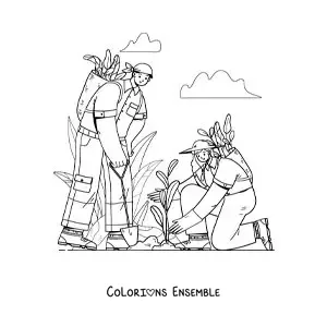 Image à colorier d’un couple s’occupant de son jardin