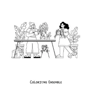 Image à colorier de deux filles s’occupant des plantes dans une serre
