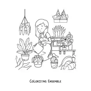Image à colorier d’une femme s’occupant des plantes dans une serre